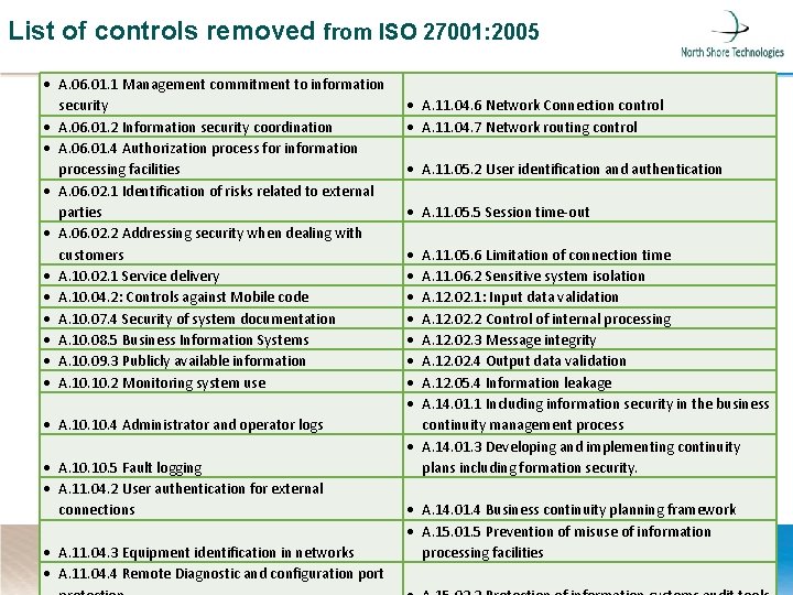 List of controls removed from ISO 27001: 2005 A. 06. 01. 1 Management commitment