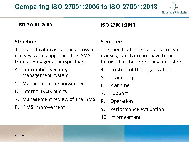 Comparing ISO 27001: 2005 to ISO 27001: 2013 ISO 27001: 2005 Structure The specification
