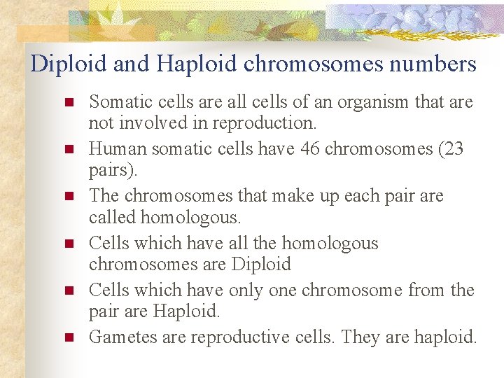 Diploid and Haploid chromosomes numbers n n n Somatic cells are all cells of