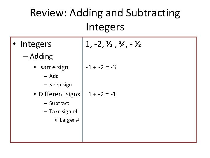 Review: Adding and Subtracting Integers • Integers 1, -2, ½ , ¾, - ½