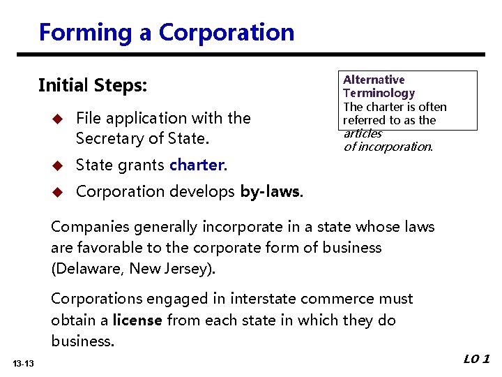 Forming a Corporation Initial Steps: u File application with the Secretary of State. u