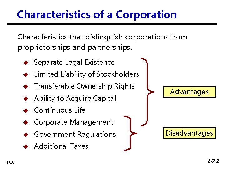 Characteristics of a Corporation Characteristics that distinguish corporations from proprietorships and partnerships. 13 -3