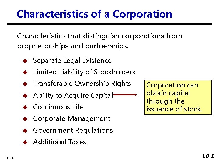 Characteristics of a Corporation Characteristics that distinguish corporations from proprietorships and partnerships. 13 -7