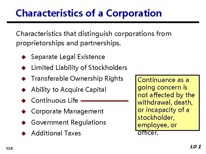 Characteristics of a Corporation Characteristics that distinguish corporations from proprietorships and partnerships. 13 -8
