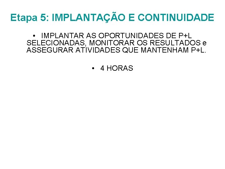 Etapa 5: IMPLANTAÇÃO E CONTINUIDADE • IMPLANTAR AS OPORTUNIDADES DE P+L SELECIONADAS, MONITORAR OS