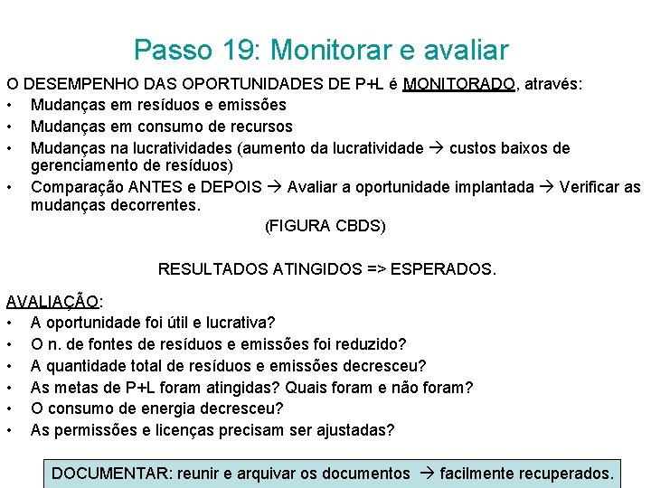 Passo 19: Monitorar e avaliar O DESEMPENHO DAS OPORTUNIDADES DE P+L é MONITORADO, através: