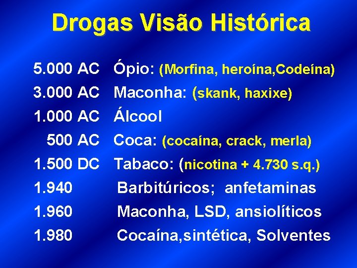 Drogas Visão Histórica 5. 000 AC Ópio: (Morfina, heroína, Codeína) 3. 000 AC Maconha: