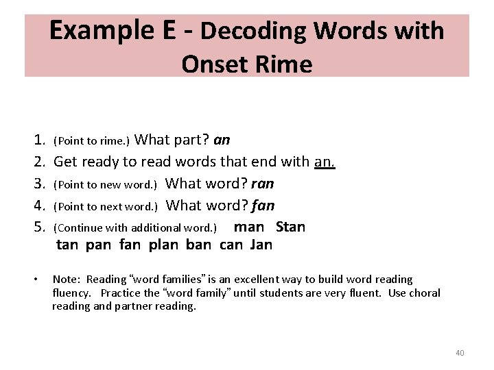 Example E - Decoding Words with Onset Rime 1. (Point to rime. ) What