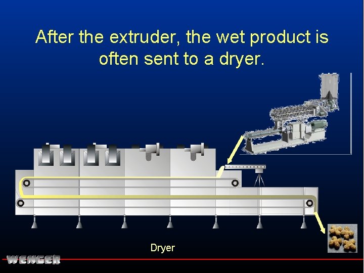 After the extruder, the wet product is often sent to a dryer. Dryer 