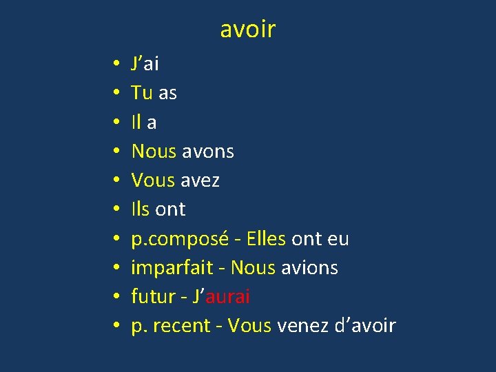 avoir • • • J’ai Tu as Il a Nous avons Vous avez Ils