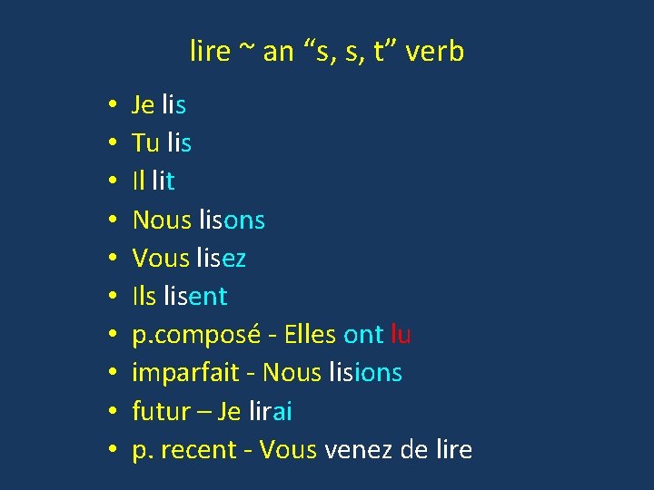 lire ~ an “s, s, t” verb • • • Je lis Tu lis