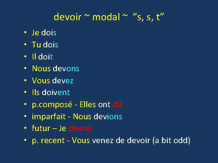 devoir ~ modal ~ “s, s, t” • • • Je dois Tu dois