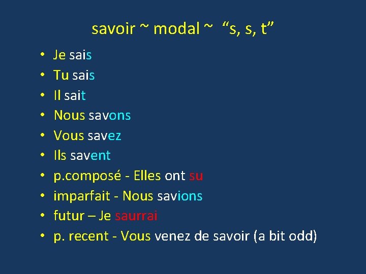 savoir ~ modal ~ “s, s, t” • • • Je sais Tu sais