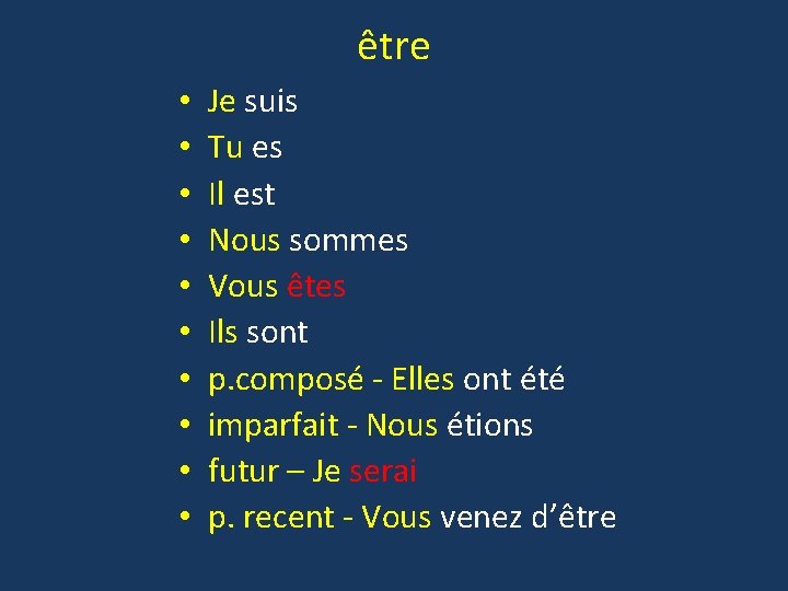 être • • • Je suis Tu es Il est Nous sommes Vous êtes