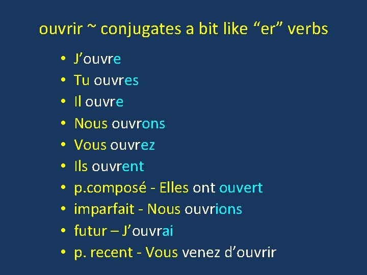 ouvrir ~ conjugates a bit like “er” verbs • • • J’ouvre Tu ouvres