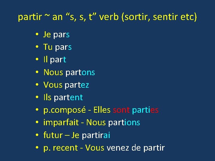 partir ~ an “s, s, t” verb (sortir, sentir etc) • • • Je