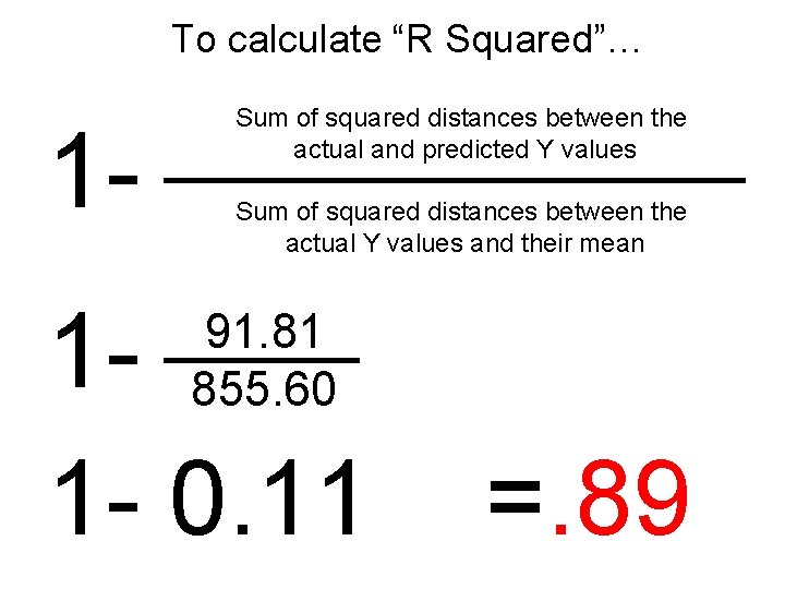 To calculate “R Squared”… 1 - Sum of squared distances between the actual and
