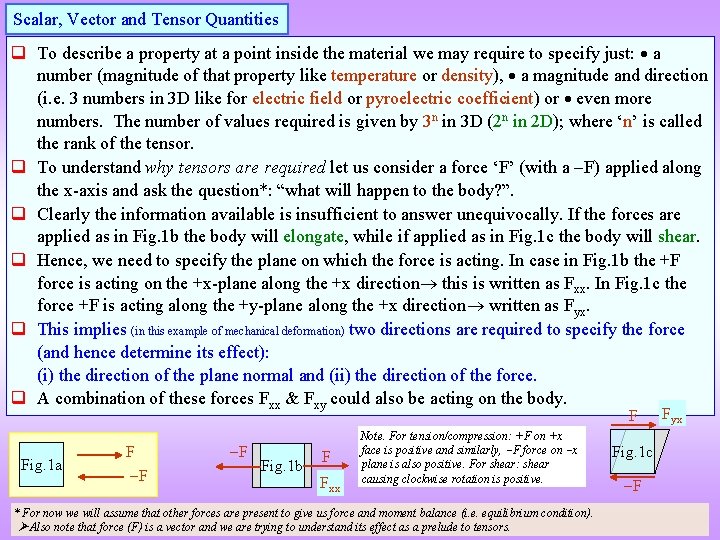 Scalar, Vector and Tensor Quantities q To describe a property at a point inside