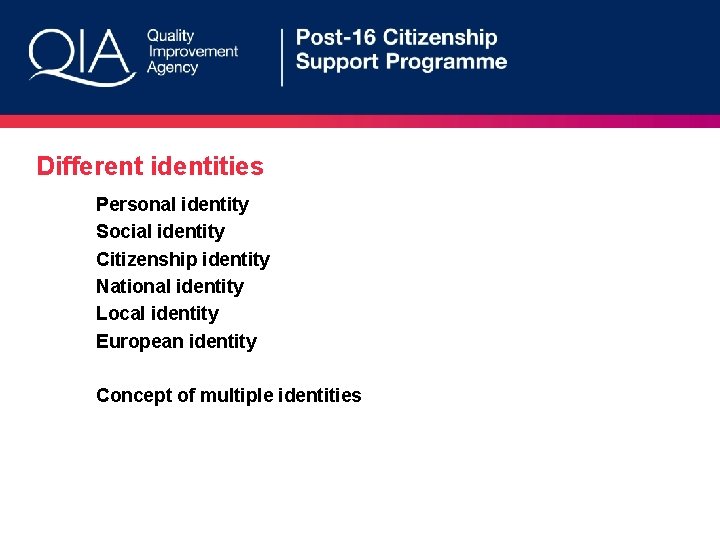 Different identities Personal identity Social identity Citizenship identity National identity Local identity European identity