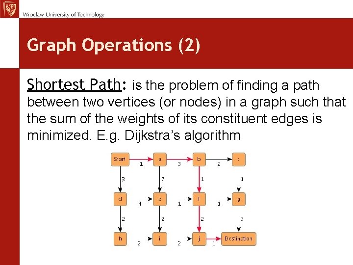 Graph Operations (2) Shortest Path: is the problem of finding a path between two