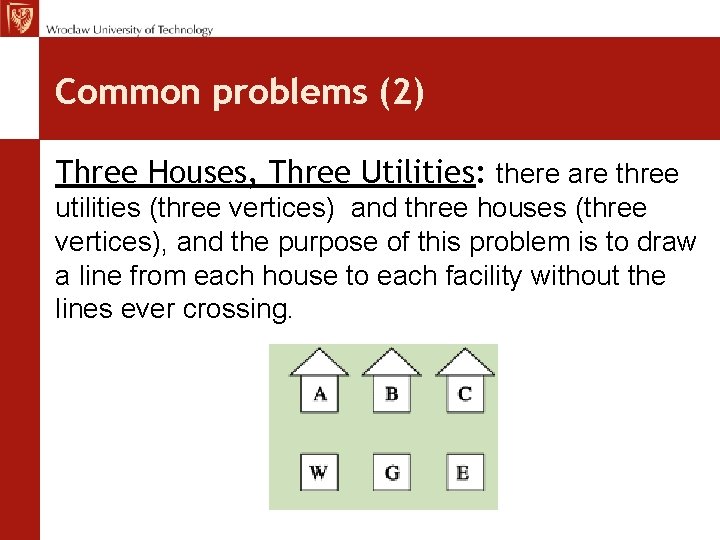 Common problems (2) Three Houses, Three Utilities: there are three utilities (three vertices) and