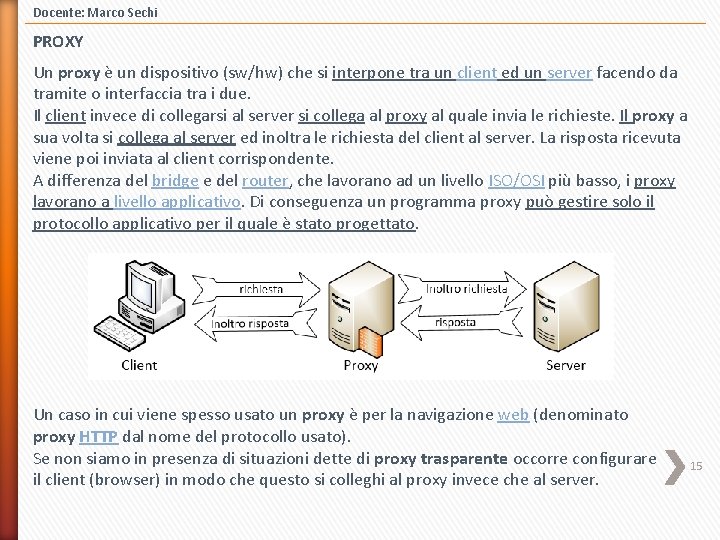 Docente: Marco Sechi PROXY Un proxy è un dispositivo (sw/hw) che si interpone tra