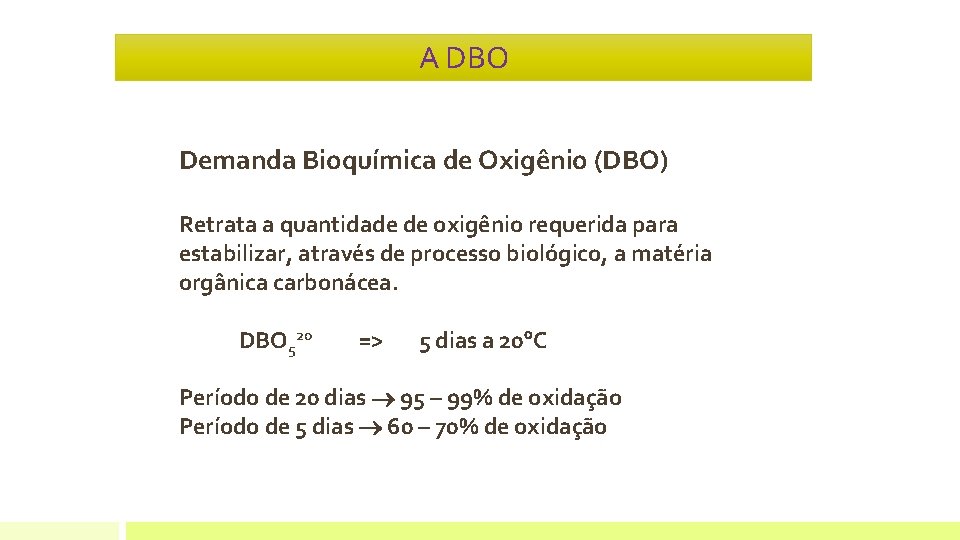 A DBO Demanda Bioquímica de Oxigênio (DBO) Retrata a quantidade de oxigênio requerida para A DBO Demanda Bioquímica de Oxigênio (DBO) Retrata a quantidade de oxigênio requerida para