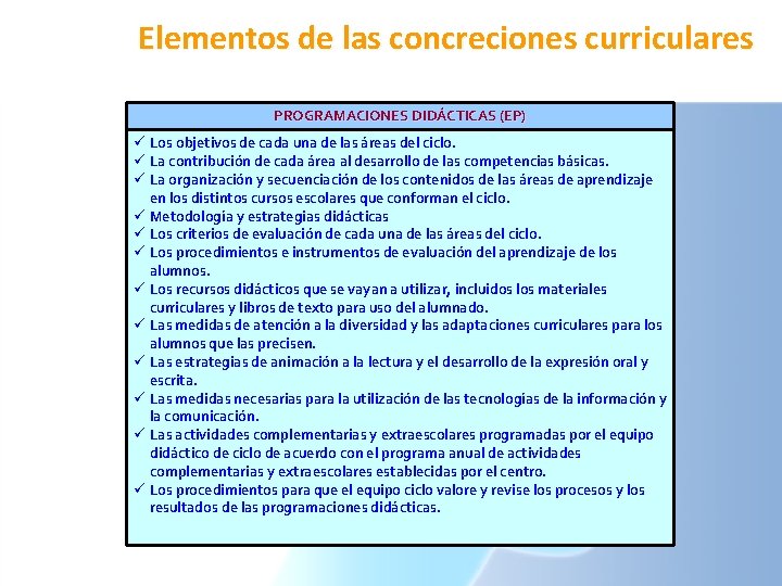 Elementos de las concreciones curriculares PROGRAMACIONES DIDÁCTICAS (EP) ü Los objetivos de cada una Elementos de las concreciones curriculares PROGRAMACIONES DIDÁCTICAS (EP) ü Los objetivos de cada una