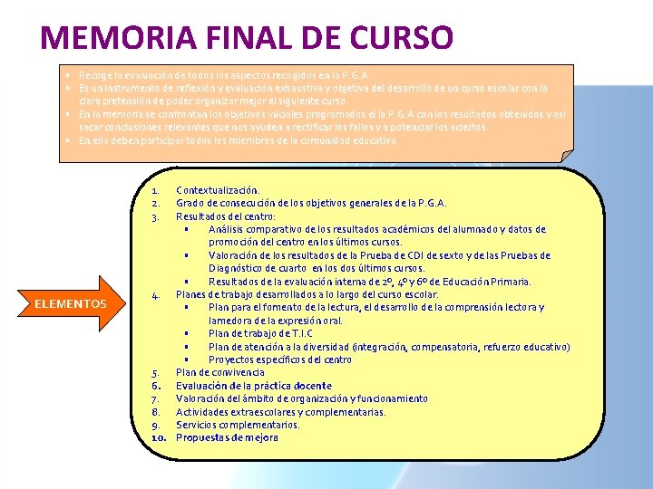 MEMORIA FINAL DE CURSO • Recoge la evaluación de todos los aspectos recogidos en MEMORIA FINAL DE CURSO • Recoge la evaluación de todos los aspectos recogidos en