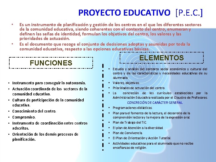 PROYECTO EDUCATIVO [P. E. C. ] • • Es un instrumento de planificación y