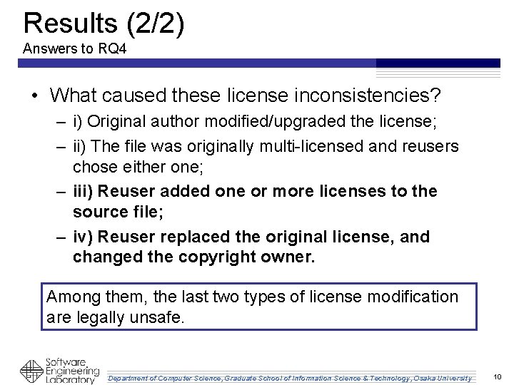 Results (2/2) Answers to RQ 4 • What caused these license inconsistencies? – i)