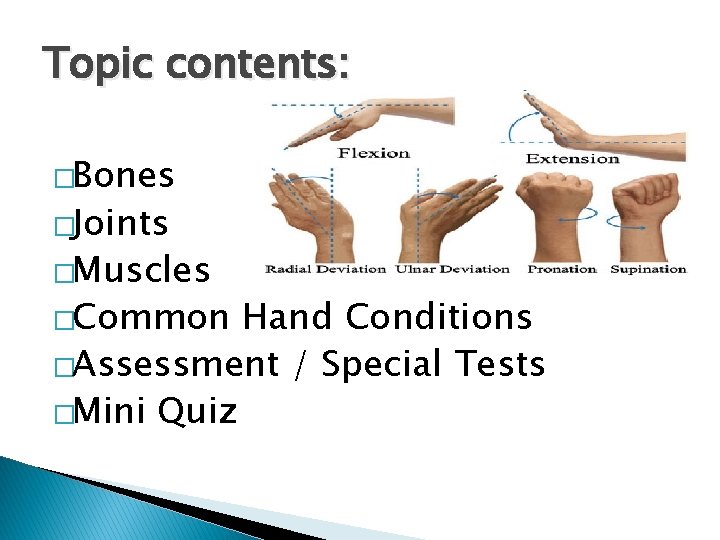 Topic contents: �Bones �Joints �Muscles �Common Hand Conditions �Assessment / Special Tests �Mini Quiz