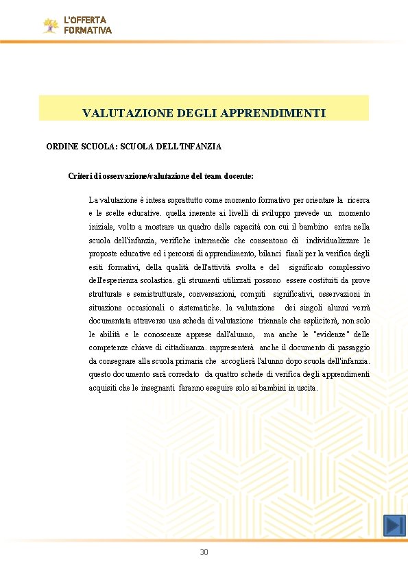 L'OFFERTA FORMATIVA VALUTAZIONE DEGLI APPRENDIMENTI ORDINE SCUOLA: SCUOLA DELL'INFANZIA Criteri di osservazione/valutazione del team