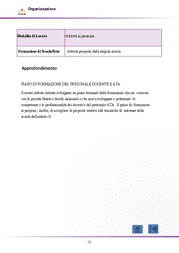 Organizzazione Modalità di Lavoro Formazione di Scuola/Rete • Attività in presenza Attività proposta dalla