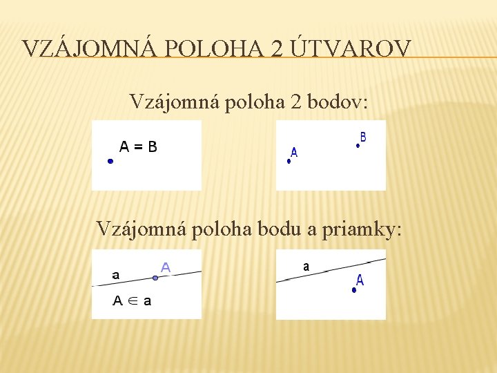 VZÁJOMNÁ POLOHA 2 ÚTVAROV Vzájomná poloha 2 bodov: Vzájomná poloha bodu a priamky: 