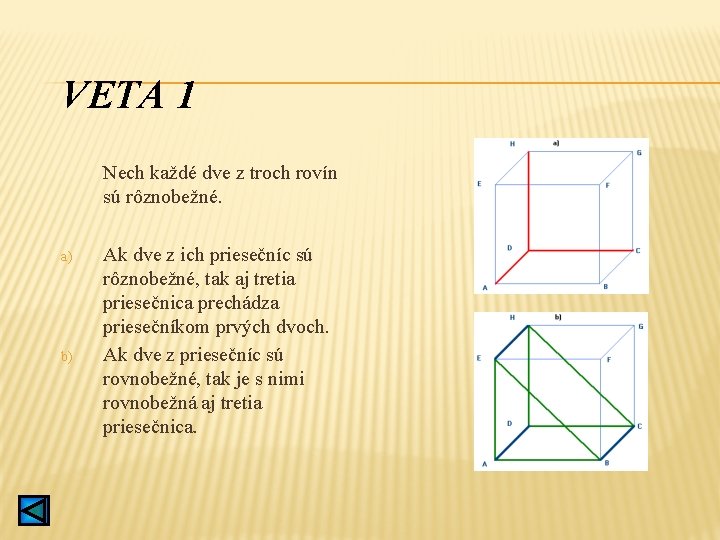 VETA 1 Nech každé dve z troch rovín sú rôznobežné. a) b) Ak dve