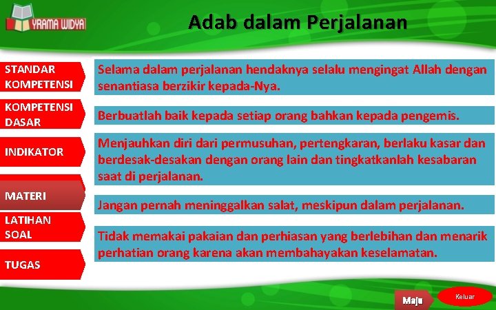 Adab dalam Perjalanan STANDAR KOMPETENSI Selama dalam perjalanan hendaknya selalu mengingat Allah dengan senantiasa