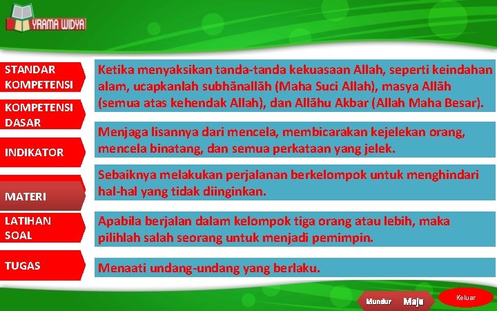 STANDAR KOMPETENSI DASAR Ketika menyaksikan tanda-tanda kekuasaan Allah, seperti keindahan alam, ucapkanlah subhānallāh (Maha