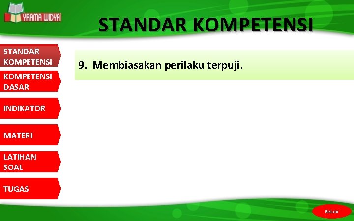 STANDAR KOMPETENSI KOMPETENSI DASAR 9. Membiasakan perilaku terpuji. INDIKATOR MATERI LATIHAN SOAL TUGAS Keluar