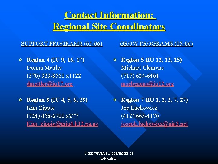 Contact Information: Regional Site Coordinators SUPPORT PROGRAMS (05 -06) GROW PROGRAMS (05 -06) ¶