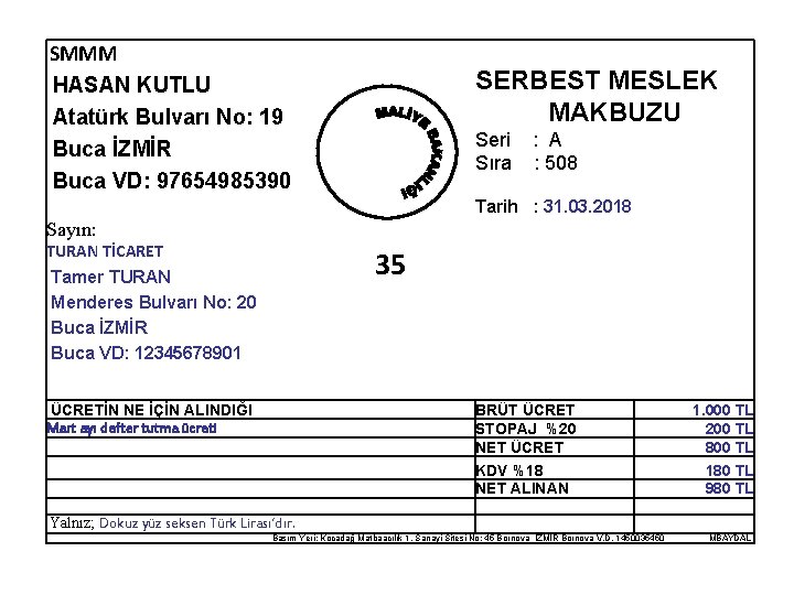 SMMM HASAN KUTLU Atatürk Bulvarı No: 19 Buca İZMİR Buca VD: 97654985390 SERBEST MESLEK