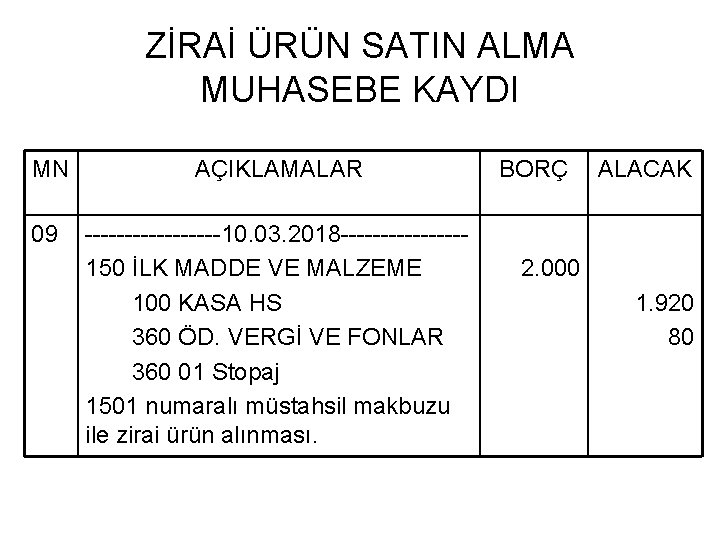 ZİRAİ ÜRÜN SATIN ALMA MUHASEBE KAYDI MN AÇIKLAMALAR 09 ---------10. 03. 2018 --------150 İLK