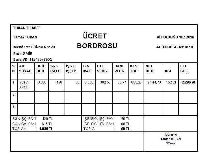 TURAN TİCARET ÜCRET BORDROSU Tamer TURAN Menderes Bulvarı No: 20 AİT OLDUĞU YIL: 2018