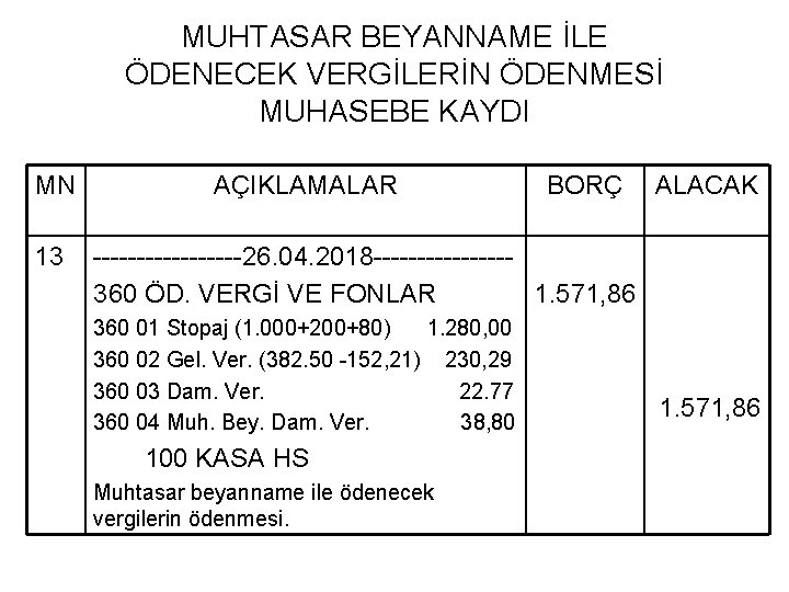 MUHTASAR BEYANNAME İLE ÖDENECEK VERGİLERİN ÖDENMESİ MUHASEBE KAYDI MN 13 AÇIKLAMALAR BORÇ ALACAK ---------26.