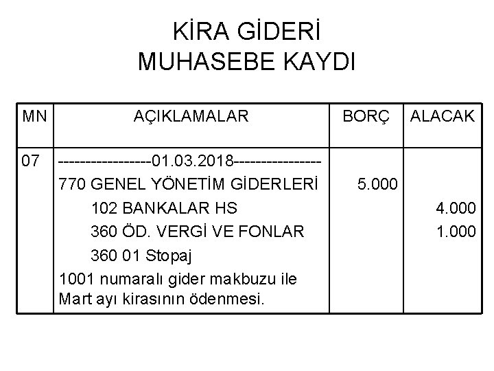 KİRA GİDERİ MUHASEBE KAYDI MN AÇIKLAMALAR 07 ---------01. 03. 2018 --------770 GENEL YÖNETİM GİDERLERİ