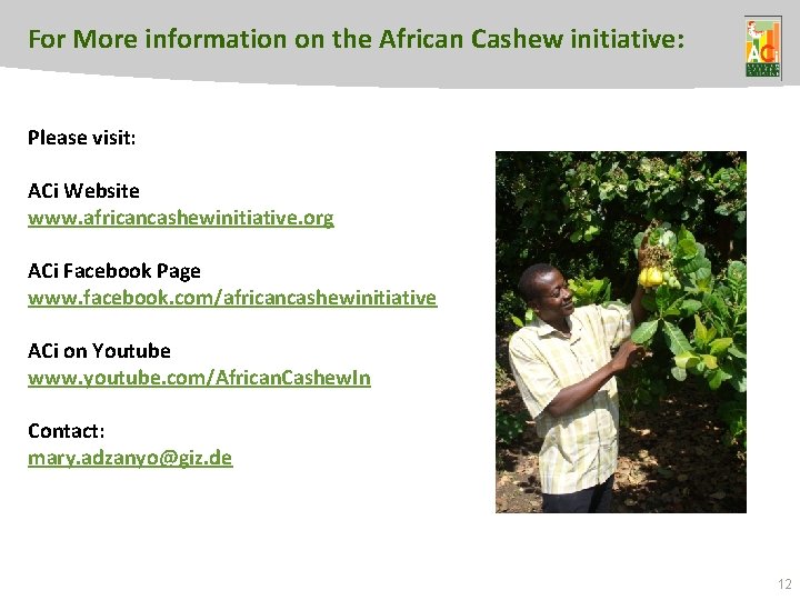 For More information on the African Cashew initiative: Please visit: ACi Website www. africancashewinitiative.