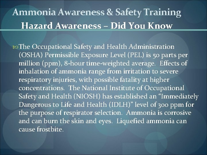 Ammonia Awareness & Safety Training Hazard Awareness – Did You Know The Occupational Safety