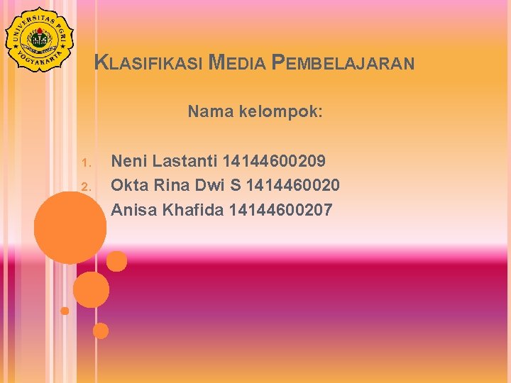 KLASIFIKASI MEDIA PEMBELAJARAN Nama kelompok: 1. 2. 3. Neni Lastanti 14144600209 Okta Rina Dwi