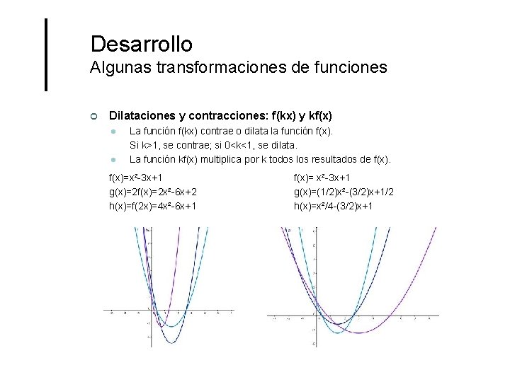 Desarrollo Algunas transformaciones de funciones ¢ Dilataciones y contracciones: f(kx) y kf(x) l l Desarrollo Algunas transformaciones de funciones ¢ Dilataciones y contracciones: f(kx) y kf(x) l l