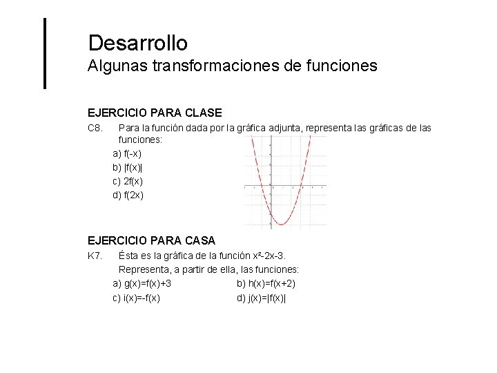 Desarrollo Algunas transformaciones de funciones EJERCICIO PARA CLASE C 8. Para la función dada